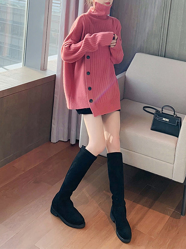 Asymmetric Buttoned High-low Long Sleeves High-neck Sweater Tops Pullovers Knitwear