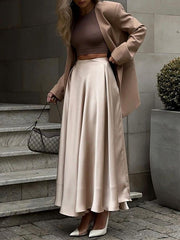 Elasticity Pleated Solid Color A-line High Waisted Skirts