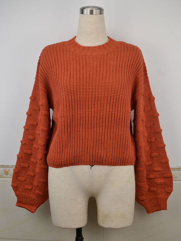 Hollow Solid Color Long Sleeves Loose Round-Neck Sweater Tops Pullovers Knitwear