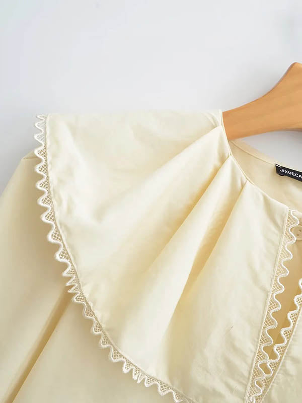 Pleated See-Through Solid Color Split-Joint Loose Puff Sleeves Peter Pan Collar Blouses&Shirts Tops