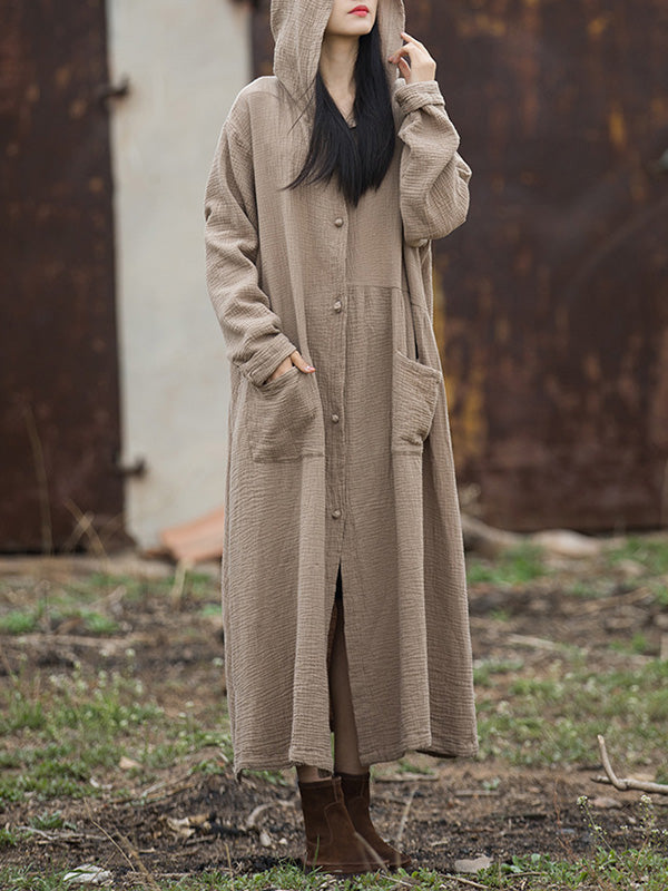 Solid Color Split-Joint Long Sleeves Loose Hooded Outerwear
