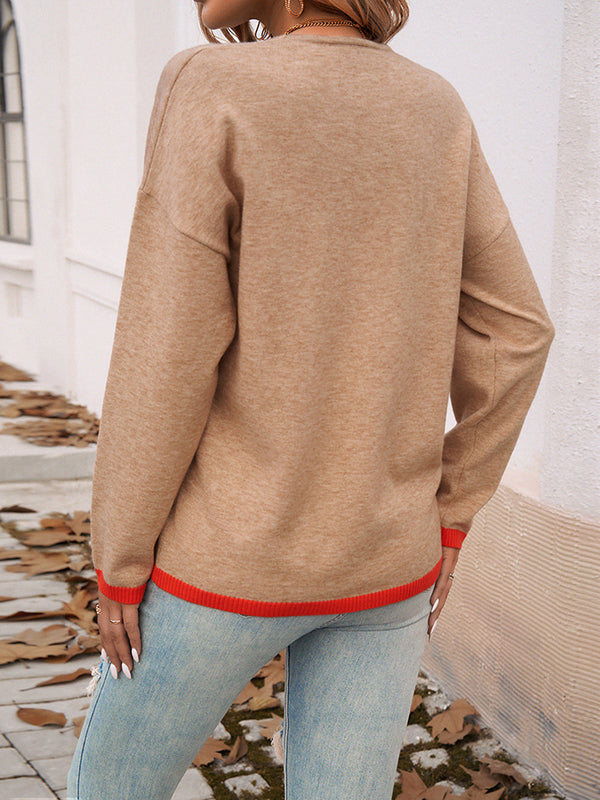 Contrast Color Long Sleeves Loose V-Neck Sweater Tops Pullovers