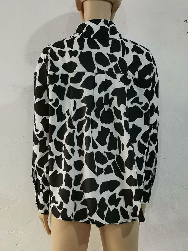 Contrast Color Printed Long Sleeves Loose Lapel Blouses