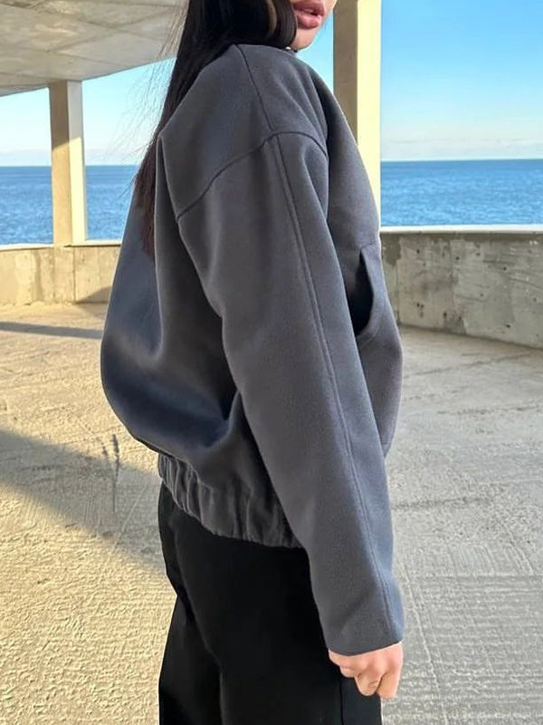 Buttoned Elasticity Pockets Solid Color Split-Joint Long Sleeves Loose Stand Collar Outerwear Jackets