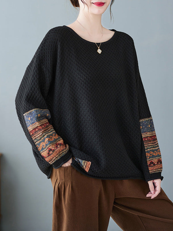 Printed Split-Joint Long Sleeves Loose Round-Neck Sweater Tops Pullovers