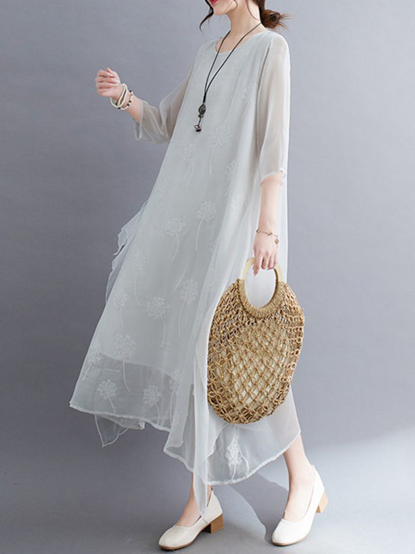 Gauze Split-Joint Loose Three-Quarter Sleeves Round-Neck Midi Dresses