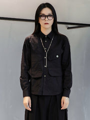 Simple Black Lapel Pockets Blouse