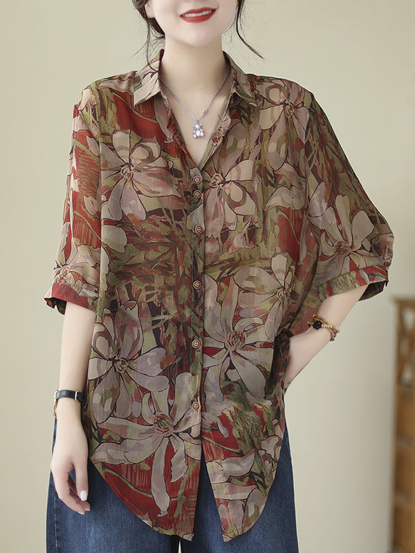 Buttoned Flower Print Tied Long Sleeves Loose Lapel Blouses&Shirts Tops