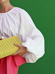 Loose Puff Sleeves Pleated Solid Color Split-Joint Round-Neck Blouses&Shirts Tops