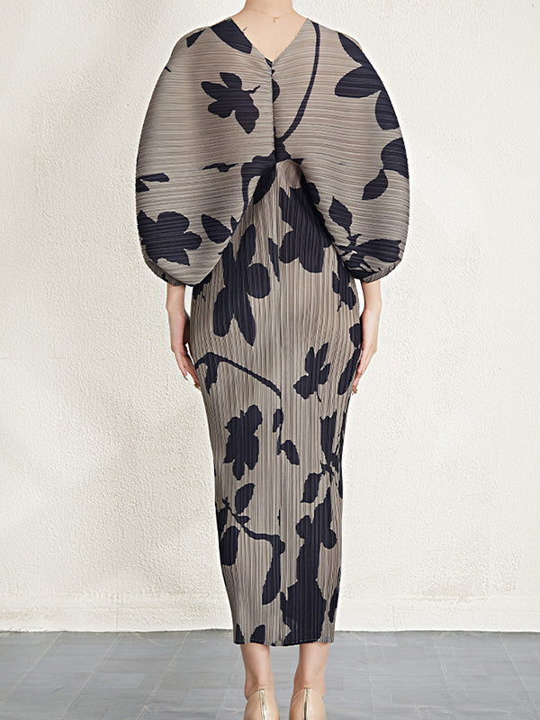 Pleated Printed Batwing Sleeves Loose V-Neck Midi Dresses