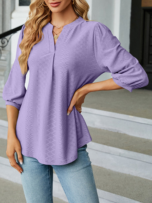 Jacquard Pleated Solid Color Split-Joint Loose Puff Sleeves V-Neck T-Shirts Tops