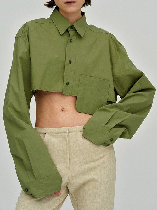 Asymmetric Buttoned Pockets Solid Color Split-Joint Long Sleeves Loose Lapel Blouses&Shirts Tops