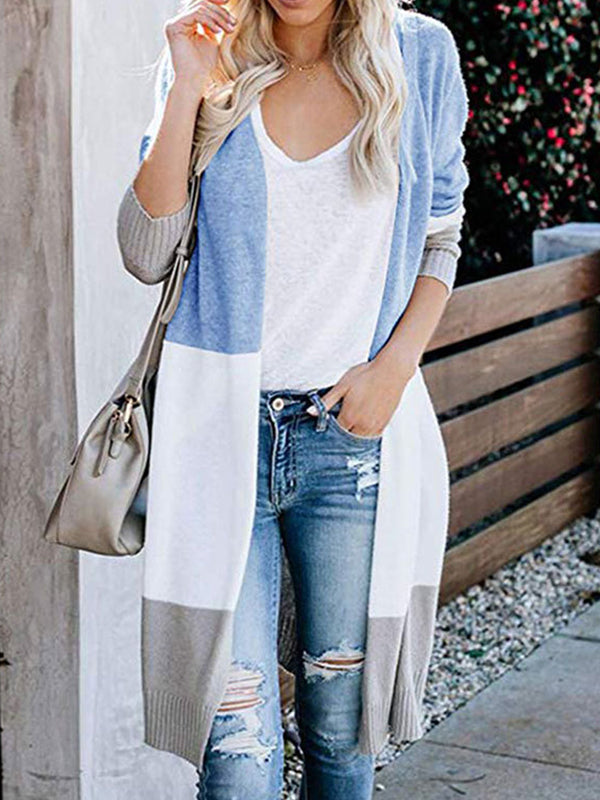 Contrast Color Long Sleeves Loose V-Neck Cardigan Tops