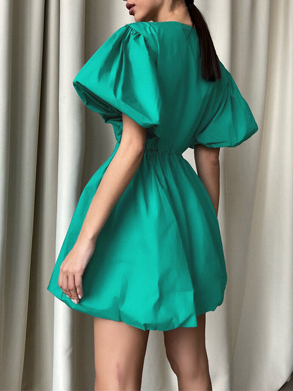 Solid Color Loose Puff Sleeves V-Neck Mini Dresses