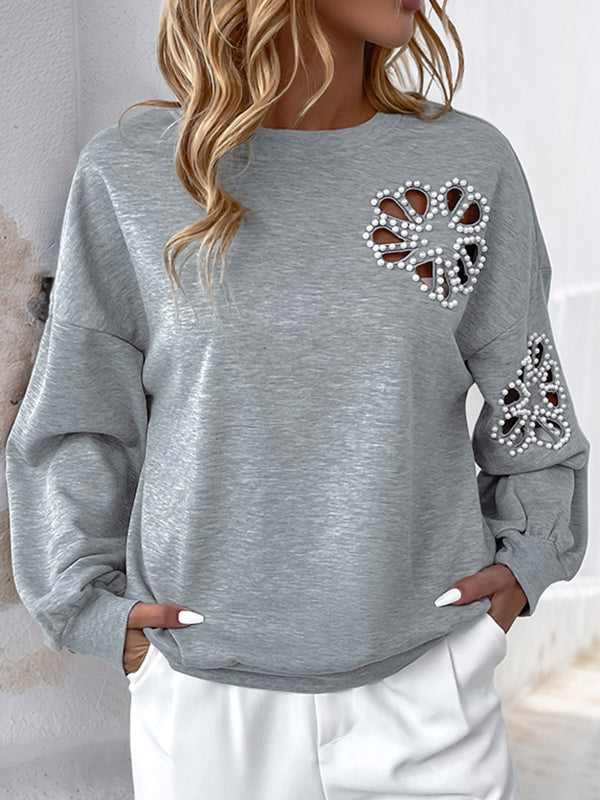 Asymmetric Hollow Split-Joint Loose Puff Sleeves Round-Neck Sweatshirt Tops