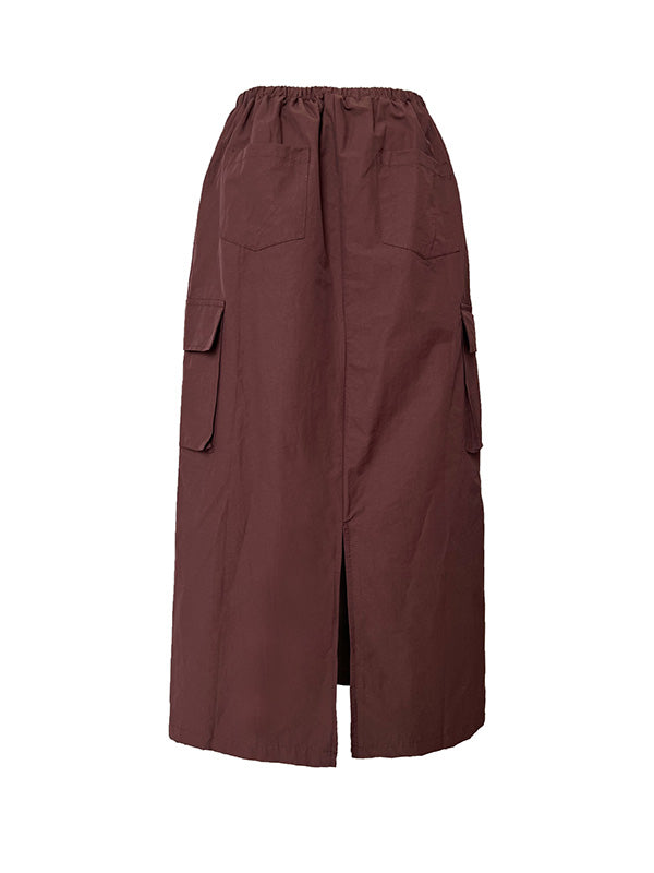Solid Color Zipper Long Sleeves Loose Drawstring Elasticity Pockets Stand Collar Jacket Top + Split-Back Skirts Bottom Two Pieces Set