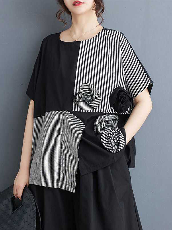 Asymmetric Split-Front Split-Joint Striped Three-Dimensional Flower Loose Short Sleeves Round-Neck T-Shirts Tops