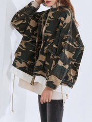 Camouflage Drawstring Pockets Split-Joint False Two Long Sleeves Mock Neck Outerwear