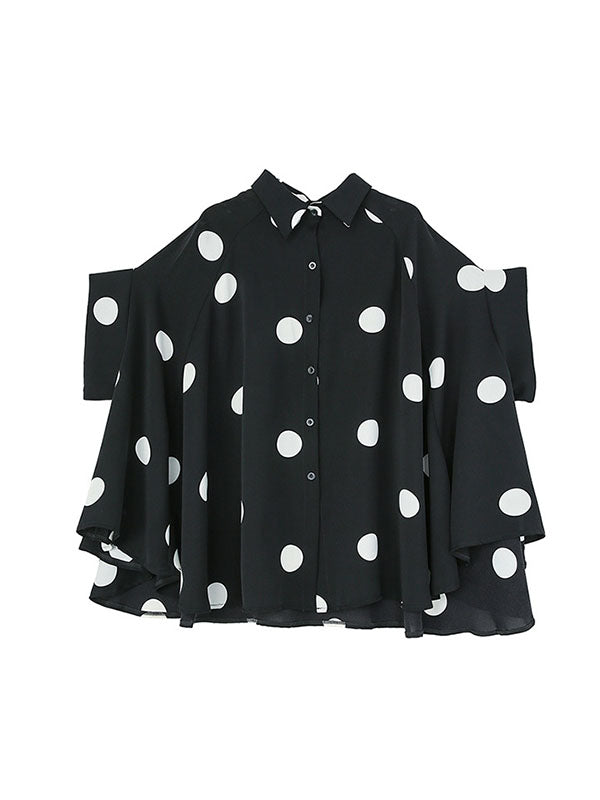 Polka-Dot Batwing Sleeves High-Low Lapel Blouses&Shirts Tops