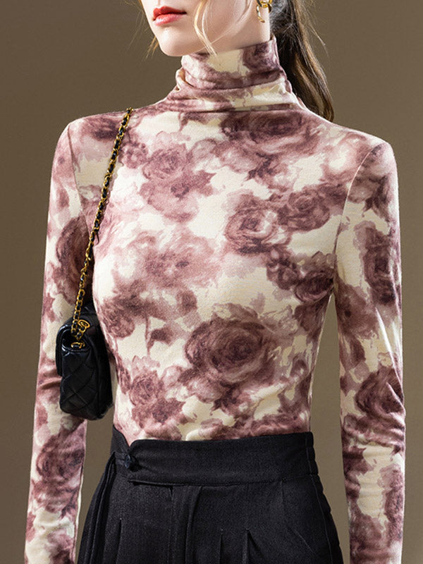 Flower Print Split-Joint Long Sleeves Plus Size High Neck T-Shirts