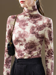 Flower Print Split-Joint Long Sleeves Plus Size High Neck T-Shirts