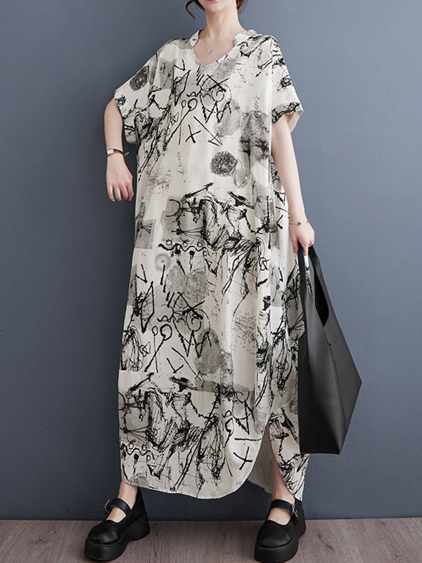 Printed Irregular clipping Loose V-neck Maxi Dresses