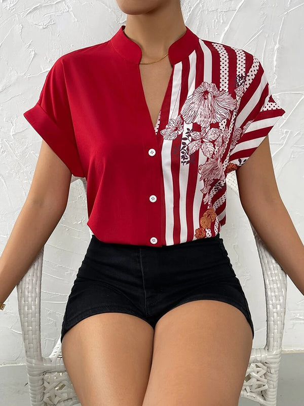 Buttoned Contrast Color Flower Print Striped Loose Short Sleeves V-Neck Blouses&Shirts Tops