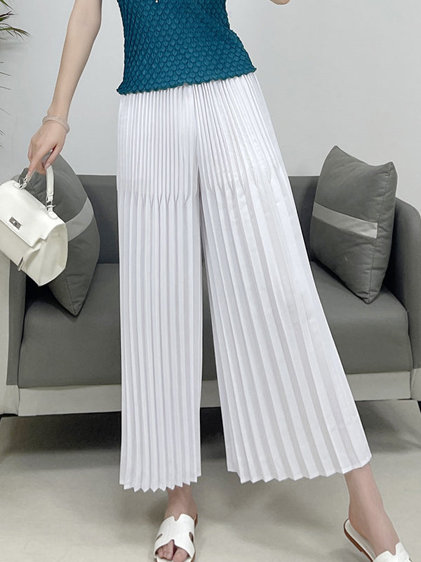 Elasticity Pleated Solid Color Split-Joint High Waisted Loose Trousers Pants