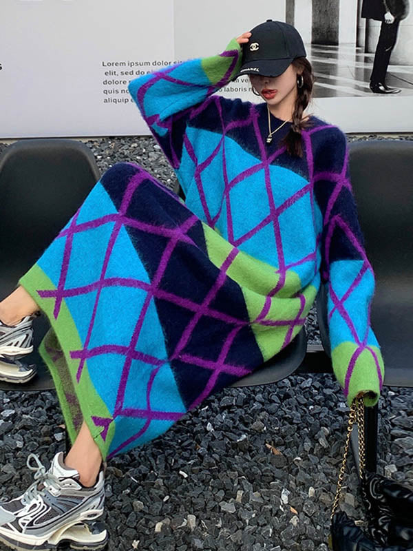 Contrast Color Plaid Split-Joint Long Sleeves Loose Round-Neck Sweater Dresses Midi Dresses