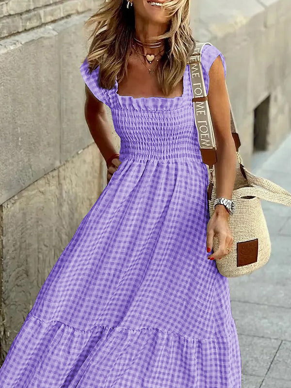 Elasticity Plaid Pleated Split-Joint Loose Sleeveless Square-Neck Maxi Dresses