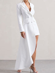 Asymmetric Buttoned Pockets Solid Color Long Sleeves Notched Collar Blazer Maxi Dress