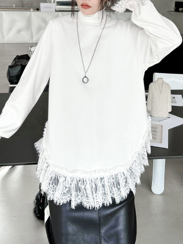 Solid Color Split-Joint Long Sleeves Loose High Neck T-Shirts Tops