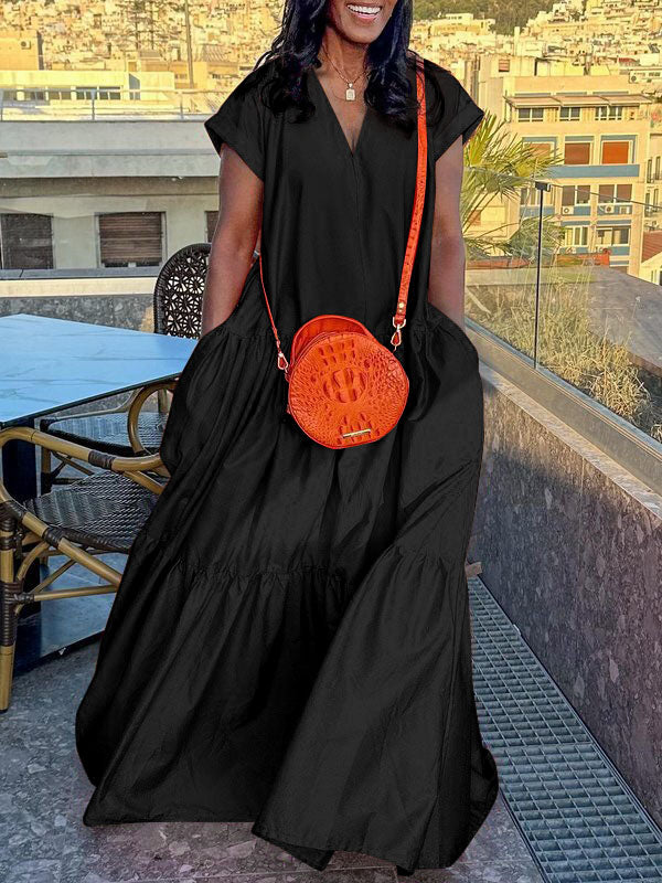 Pleated Pockets Solid Color Split-Joint Loose Short Sleeves V-Neck Maxi Dresses