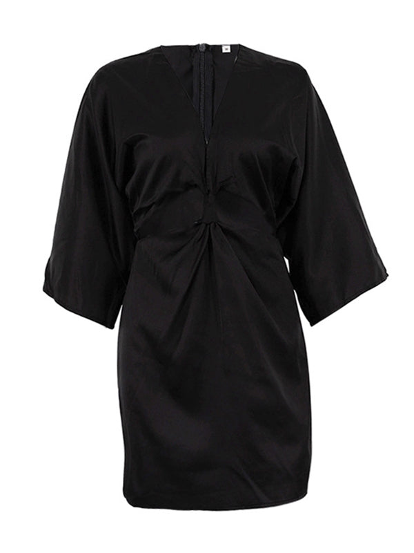 Hollow Knot Solid Color Split-Joint Zipper High Waisted Three-Quarter Sleeves Deep V-Neck Mini Dresses