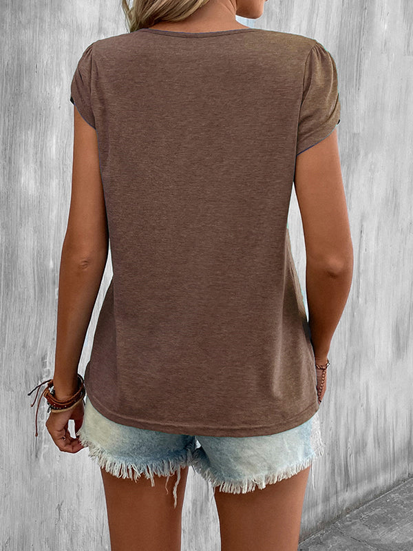 Solid Color Loose Short Sleeves V-neck T-Shirts Tops