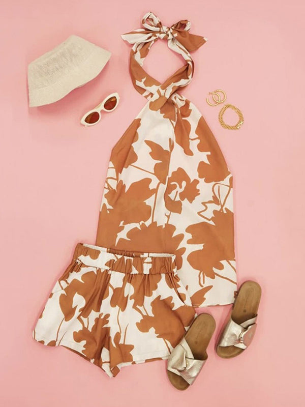 Halter-Neck Loose Backless Flower Print Tied Vest Top + Elasticity Pockets High Waisted Shorts Bottom Two Pieces Set