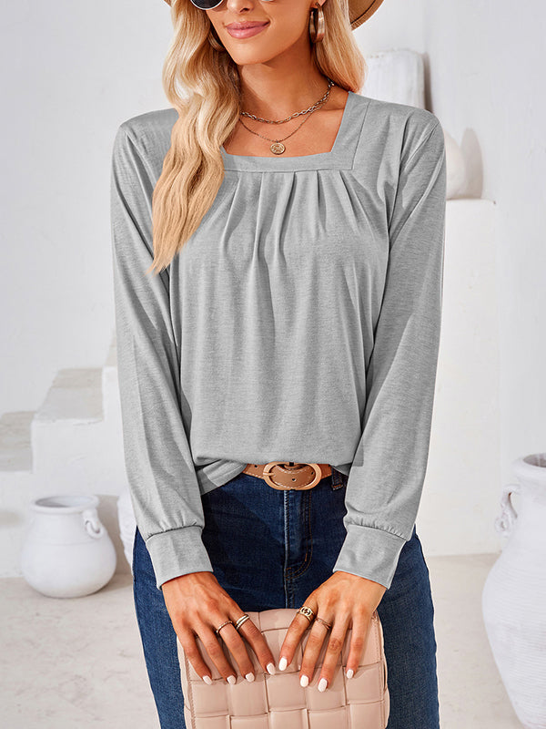 Pleated Solid Color Long Sleeves Loose Square-Neck T-Shirts Tops