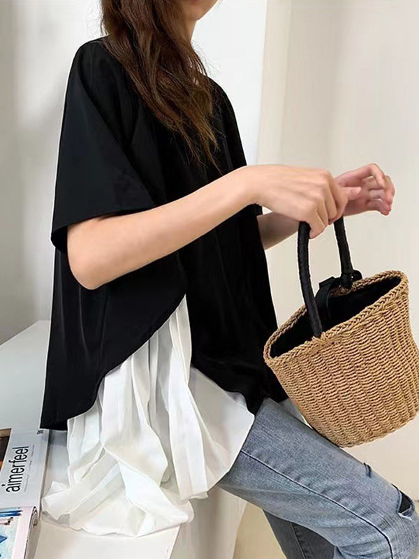 Pleated Split-Joint High-Low Loose Round-Neck T-Shirts Tops