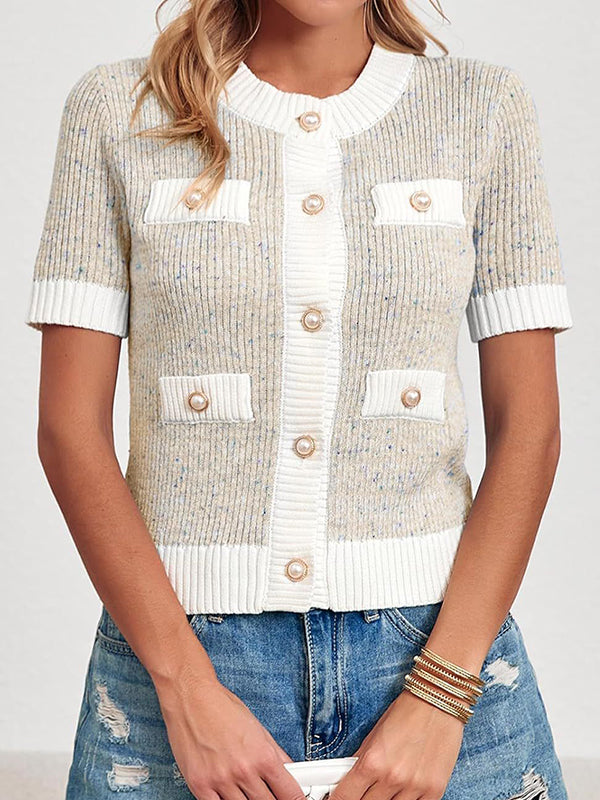 Buttoned Pockets Split-Joint Short Sleeves Round-neck Cardigan Tops