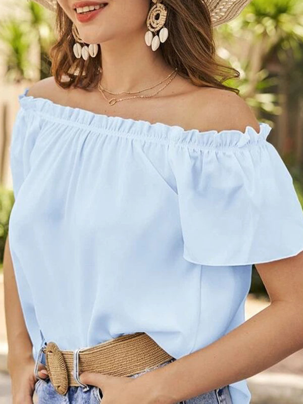Elasticity Ruffle Trim Solid Color Loose Short Sleeves Off-The-Shoulder Blouses&Shirts Tops