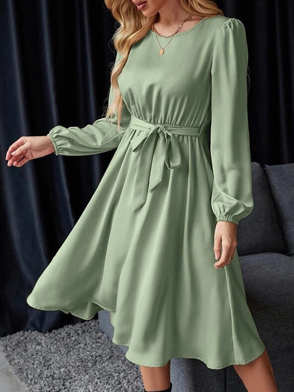 Elasticity Pleated Solid Color Split-Joint Tied Waist Loose Puff Sleeves Round-neck Midi Dresses