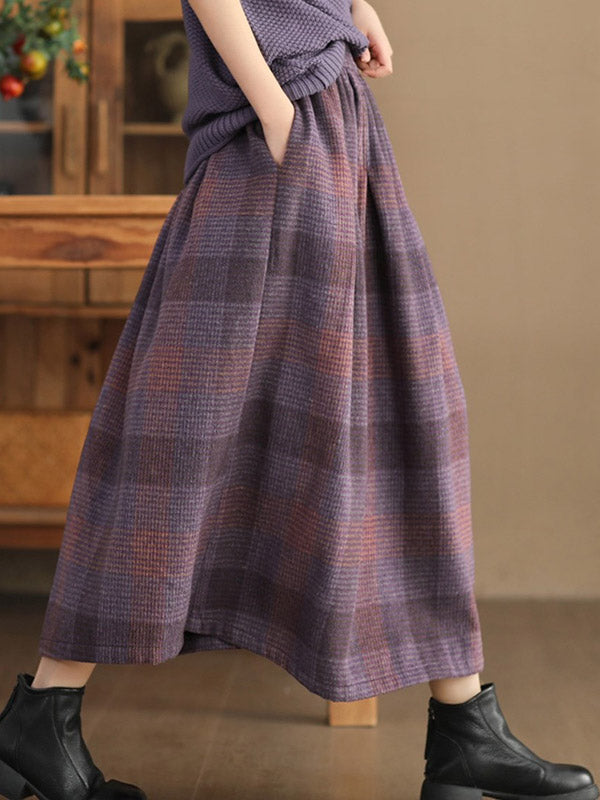 Elasticity Plaid Pleated A-Line Loose Skirts Bottoms