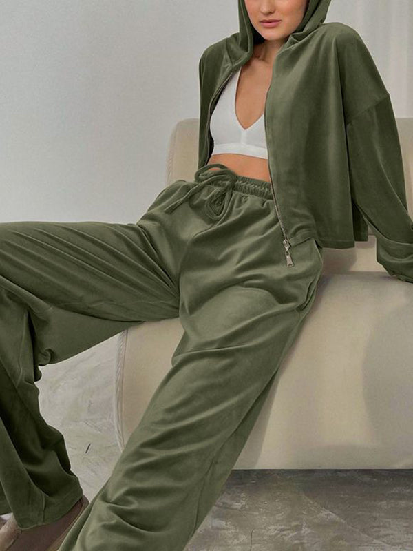 Hooded Velvet Zipper Long Sleeves Solid Color Sweatshirt Top + Drawstring Elasticity Pockets Pants Bottom Two Pieces Set