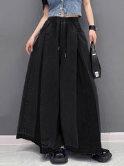 Contrast Color Drawstring Fringed Pockets Loose Wide Leg Jean Pants Bottoms