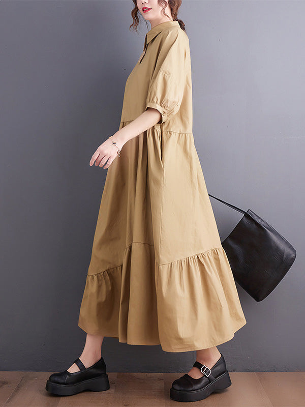 Simple Half Sleeves Loose Solid Color Lapel Collar Midi Dresses