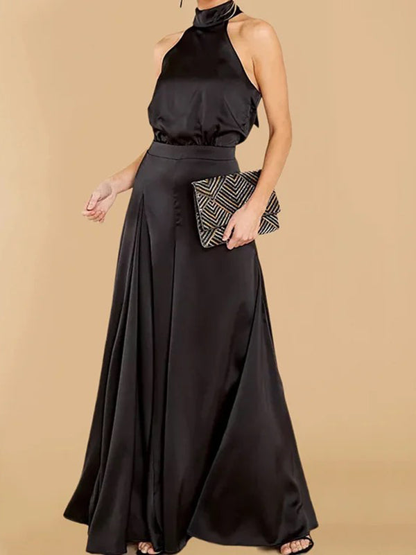 Pockets Solid Color Tied Zipper Loose Sleeveless Halter-Neck Jumpsuits