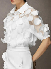 Gauze See-Through Split-Joint Loose Short Sleeves Lapel Blouses