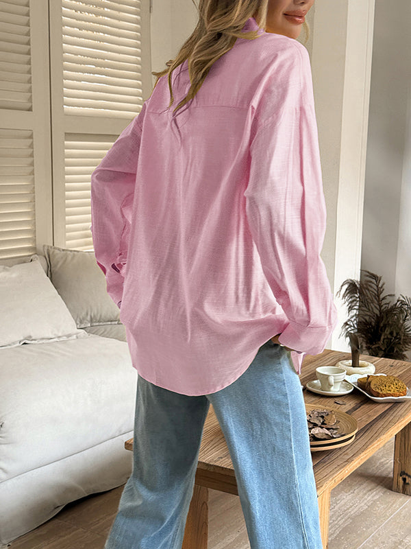 Buttoned Solid Color Long Sleeves Loose Lapel Blouses&shirts Tops
