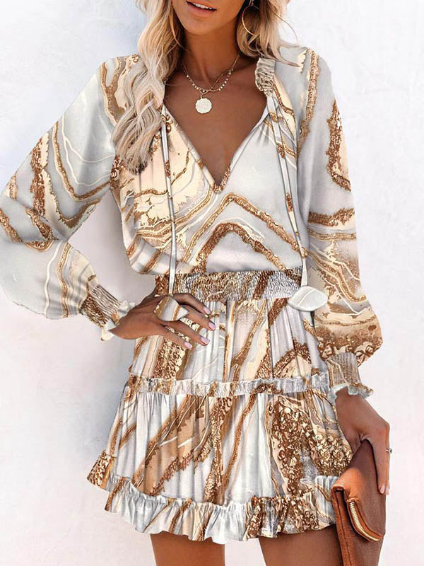 Contrast Color Pleated Split-Joint Tied A-Line Long Sleeves V-Neck Mini Dresses