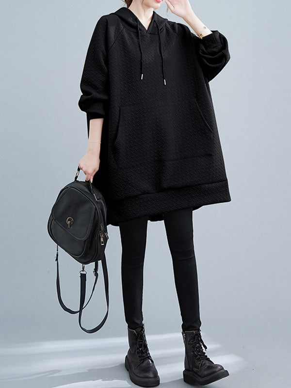 Buttoned Drawstring Pockets Solid Color Split-side High-low Long Sleeves Hooded Hoodies Tops